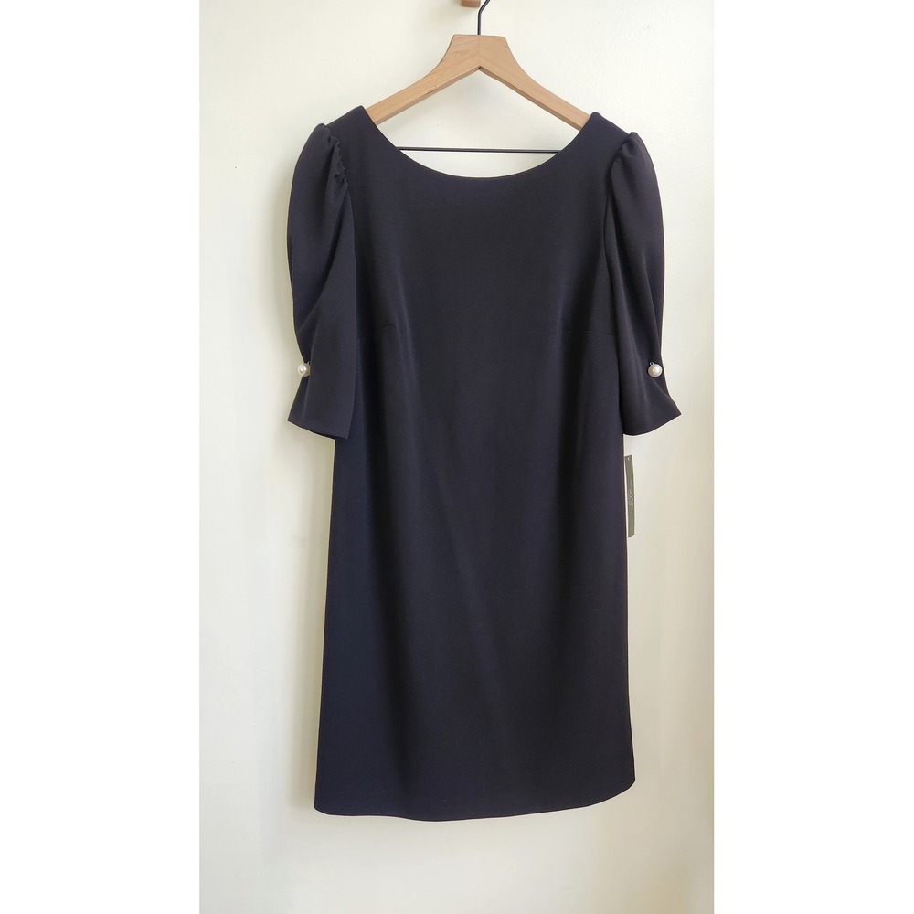 Tahari Shift Dress Womens 10 Black Pearl Button Puff Sleeve Cocktail LBD Classic